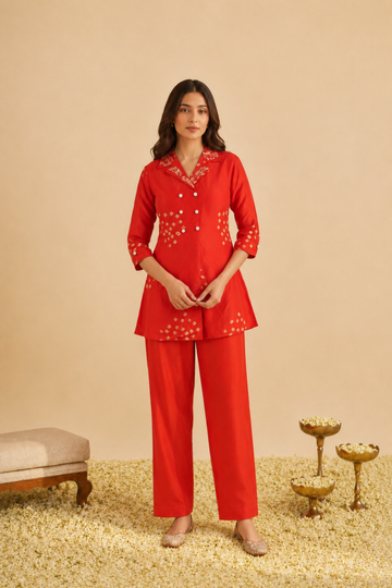 Orange Bandhej Ethereal Viscose Silk Coord Set