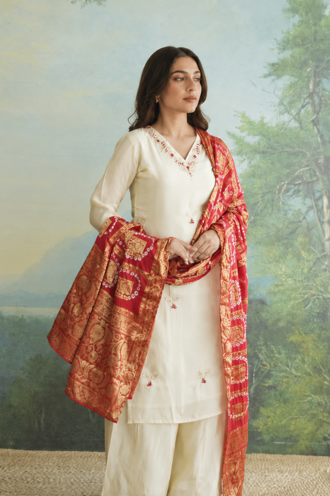 Red Bandhej Zari Bandh Tissue Silk Kurti And Palazo Suit Set