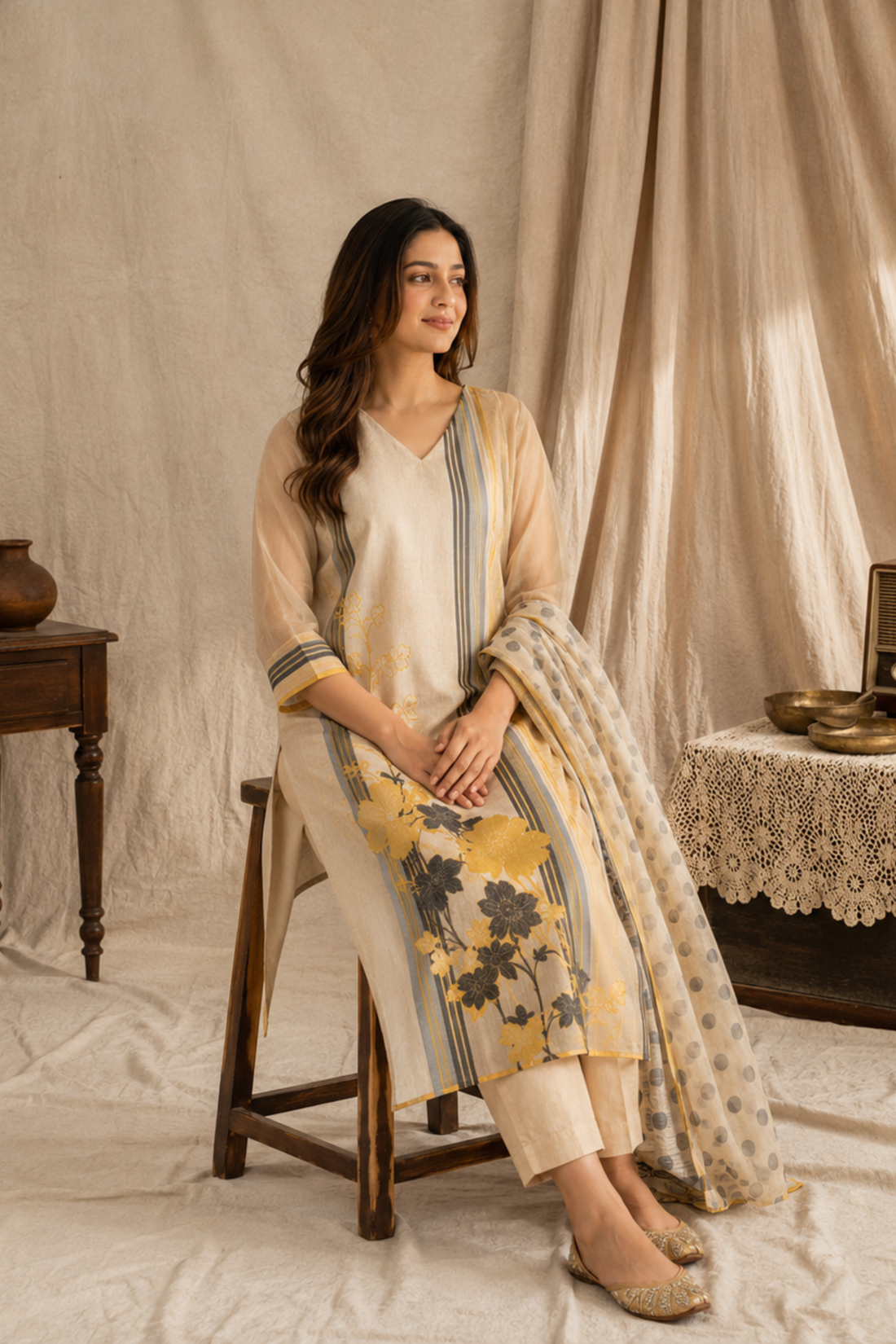Ivory Bloom Linen Suit Set