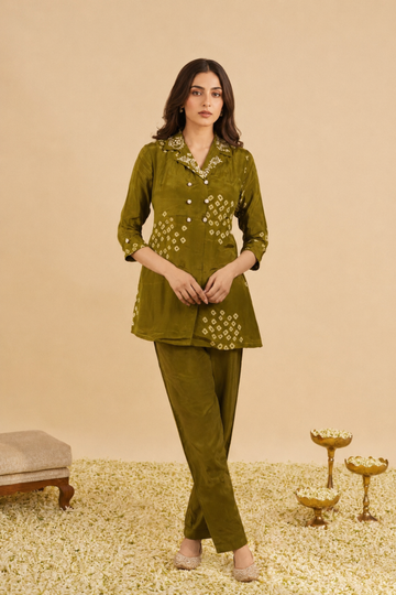 Olive Green Bhandej Silk Grace Ensemble Coord Set