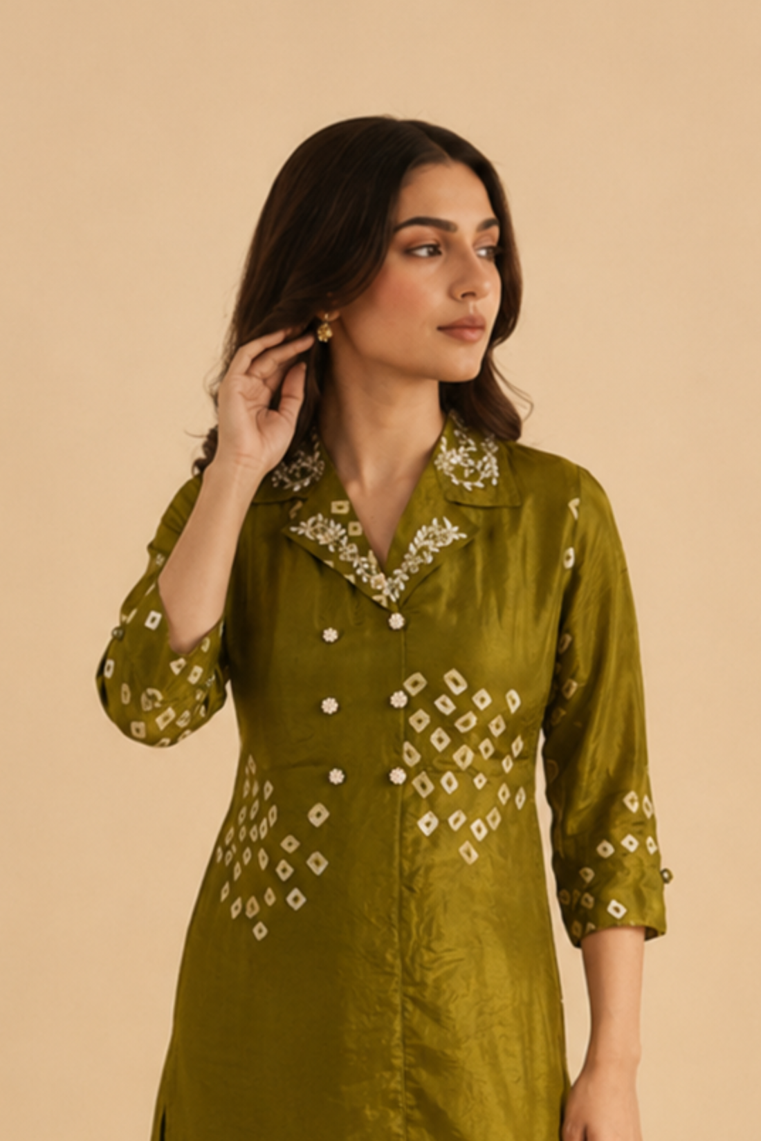 Olive Green Bhandej Silk Grace Ensemble Coord Set