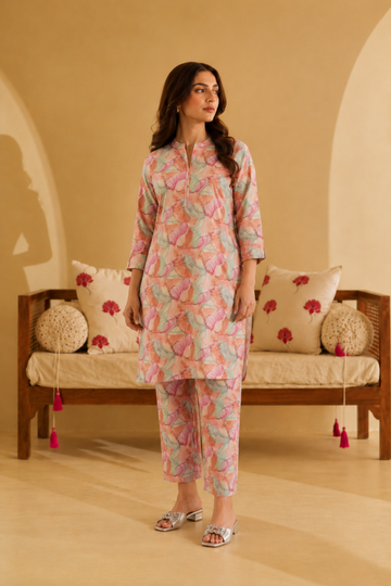Dark Pink Digital Bloom Habotai Silk Coord Set