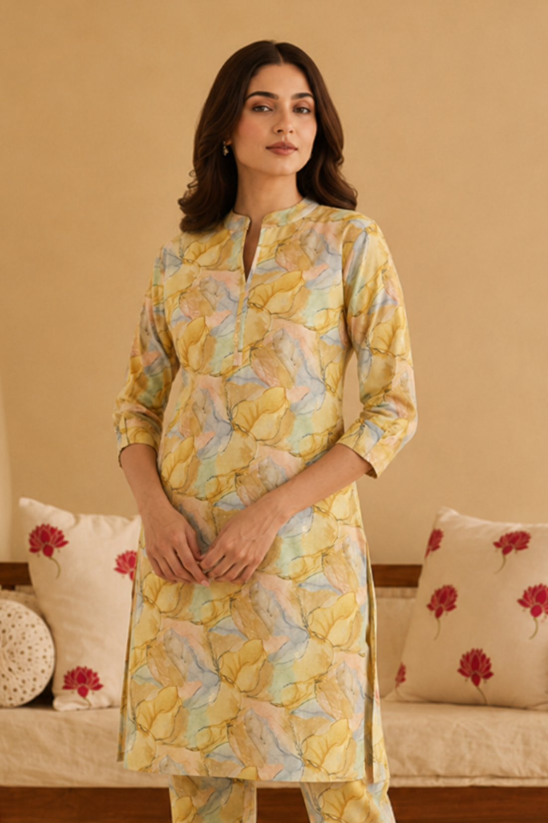 Yellow And Green Digital Bloom Habotai Silk  Coord Set