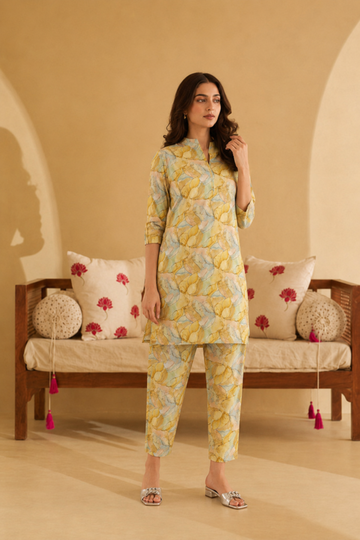 Yellow And Green Digital Bloom Habotai Silk  Coord Set