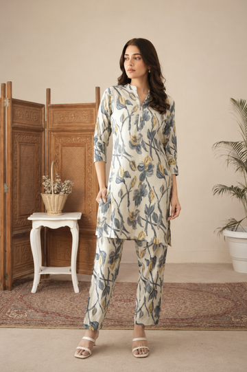 Grey And Blue Digital Bloom Habotai Silk Coord Set