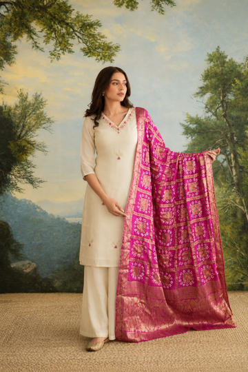 Pink Bandhej Zari Bandh Tissue Silk Kurti And Palazo Suit Set