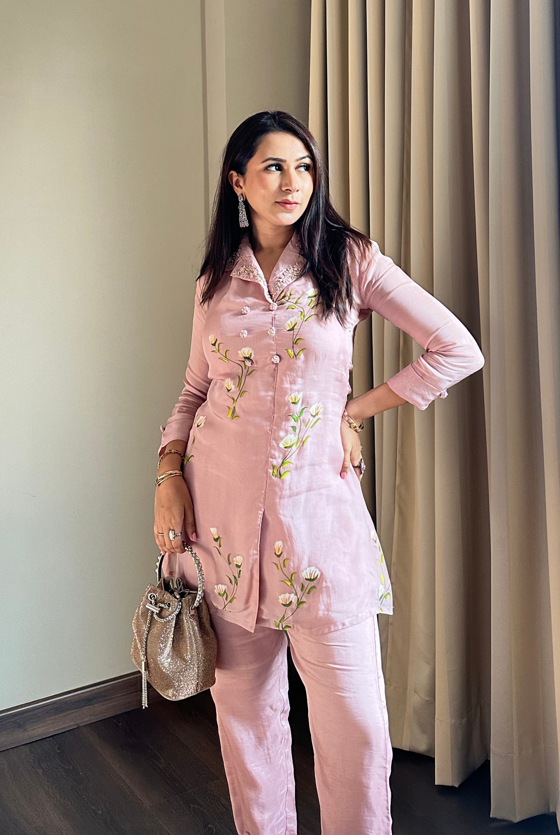 Pink Brush Paint Artisan Brushstroke Silk Coord Set As Seen On Shikha