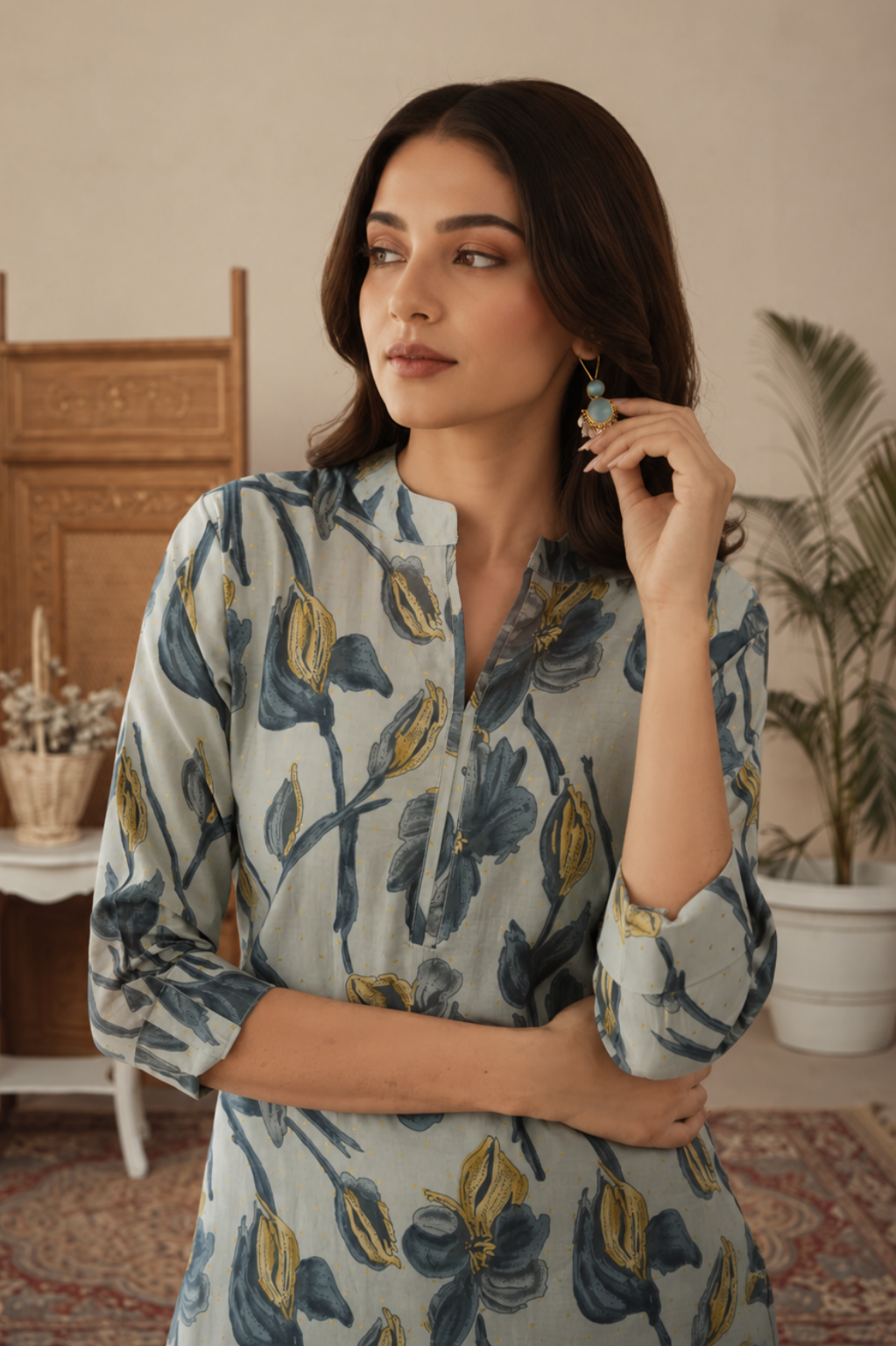 Grey And Blue Digital Bloom Habotai Silk Coord Set