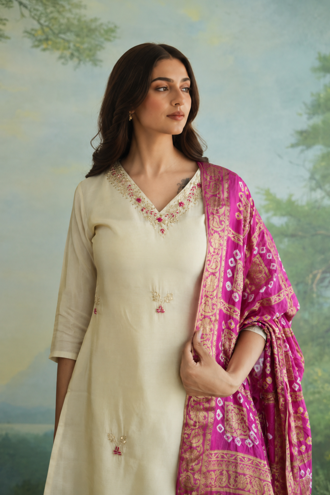 Pink Bandhej Zari Bandh Tissue Silk Kurti And Palazo Suit Set