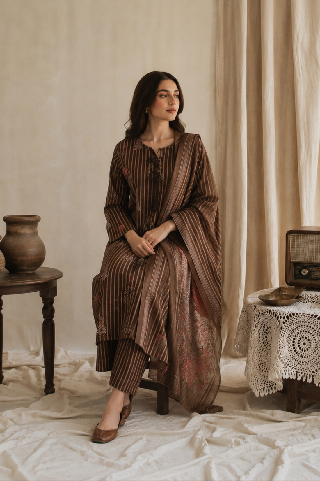 Zariya Earth Stripe Cotton Suit Set