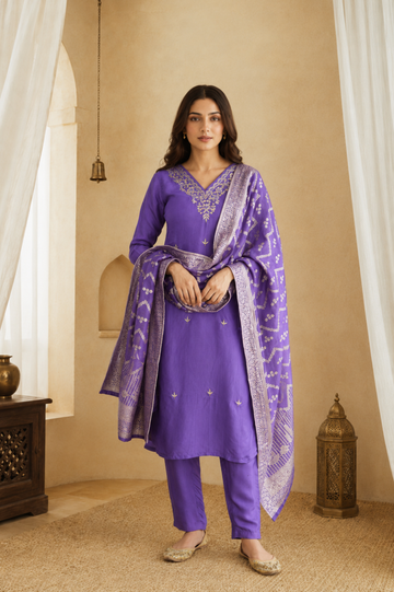Purple Zari Silk Royale Suit Set