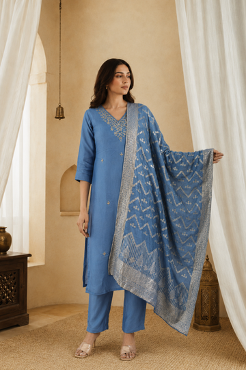 Blue Zari Silk Royale Suit Set