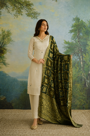Green Bandhej Zari Bandh Tissue Silk Kurti And Palazo Suit Set