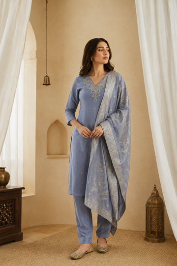 Grey Tissue Silk Radiance Suit Set