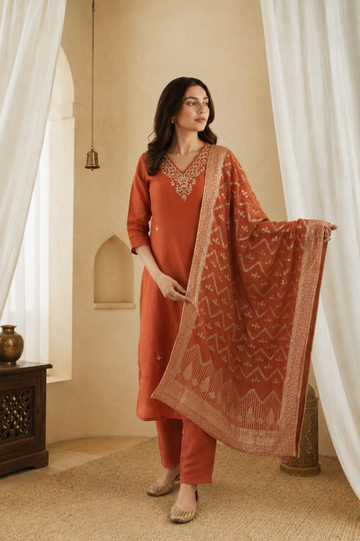 Orange Zari Silk Royale Suit Set
