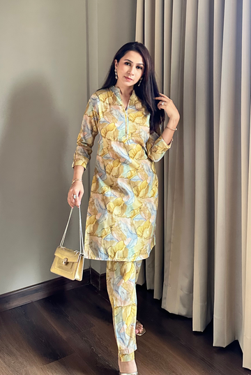 Yellow And Green Digital Bloom Habotai Silk  Coord Set As Seen On Shikha