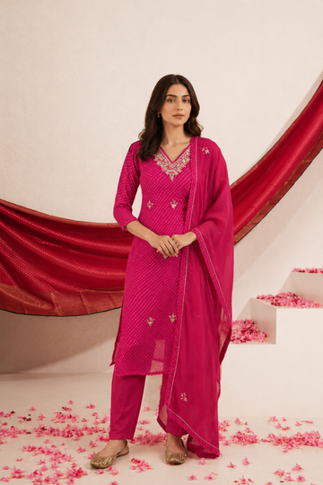 V Neck Pink Mothra Muse Handcrafted Suit Set