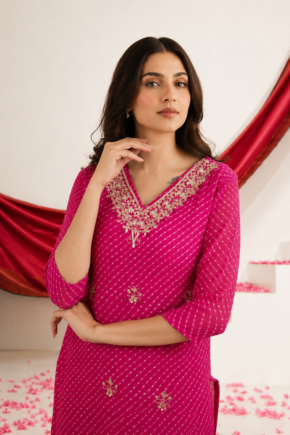 V Neck Pink Mothra Muse Handcrafted Suit Set