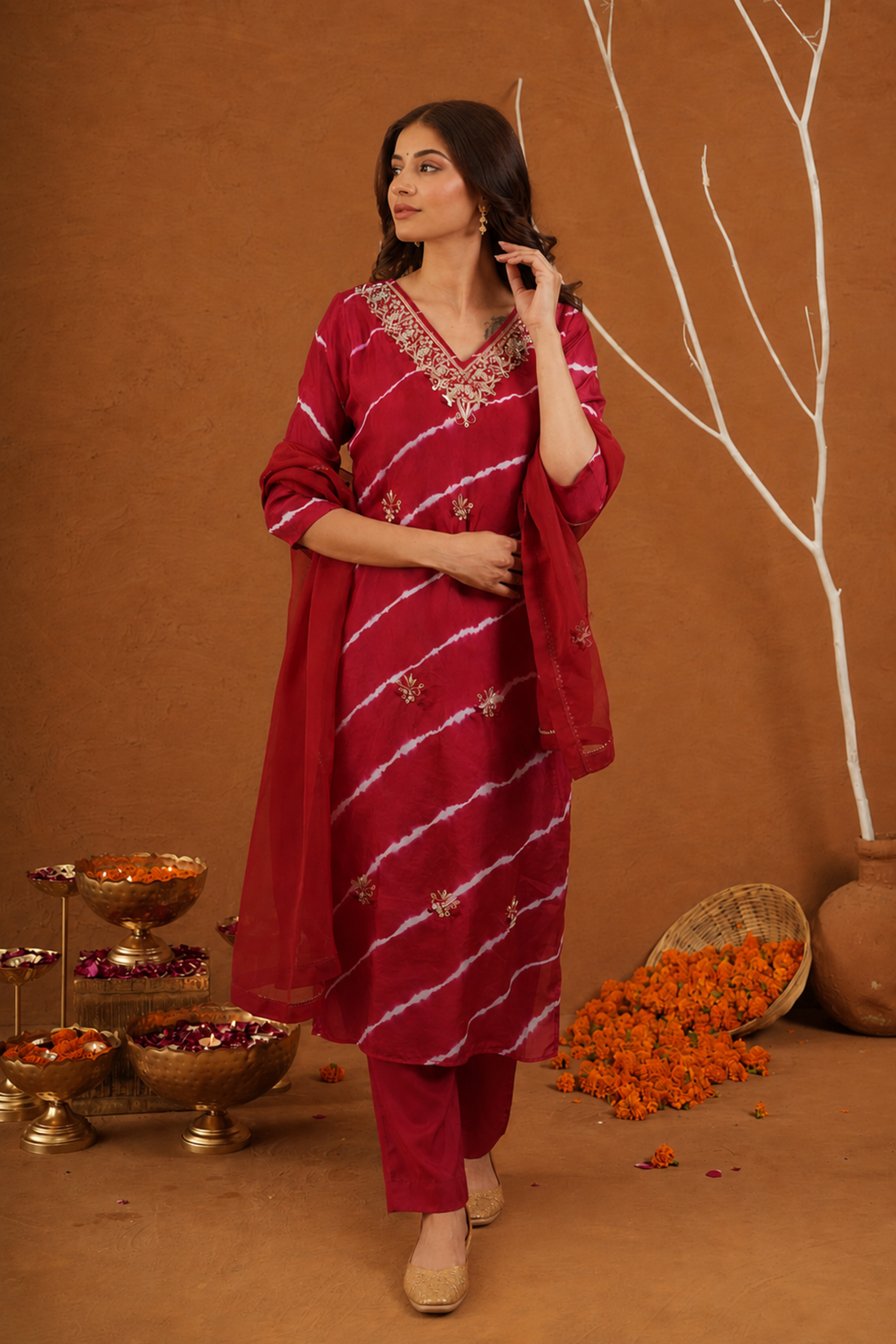 Red Leheriya Royale Hand-Dyed Kurti and Pant Suit Set