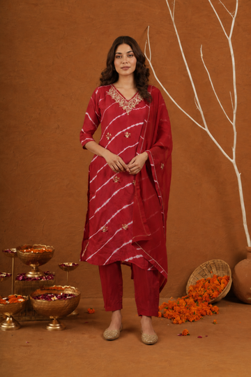 Red Leheriya Royale Hand-Dyed Kurti and Pant Suit Set