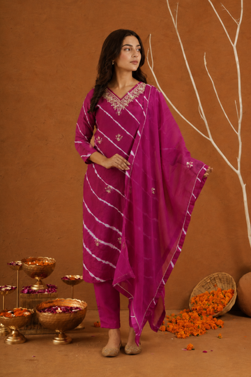 Pink Leheriya Royale Hand-Dyed Kurti and Pant Suit Set