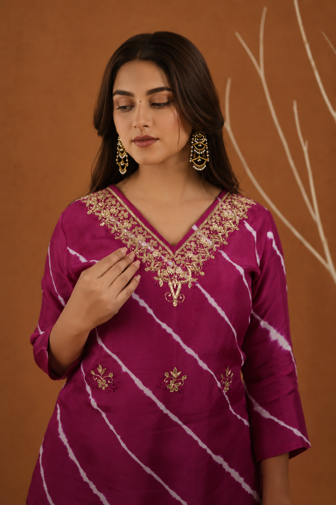 Pink Leheriya Royale Hand-Dyed Kurti and Pant Suit Set