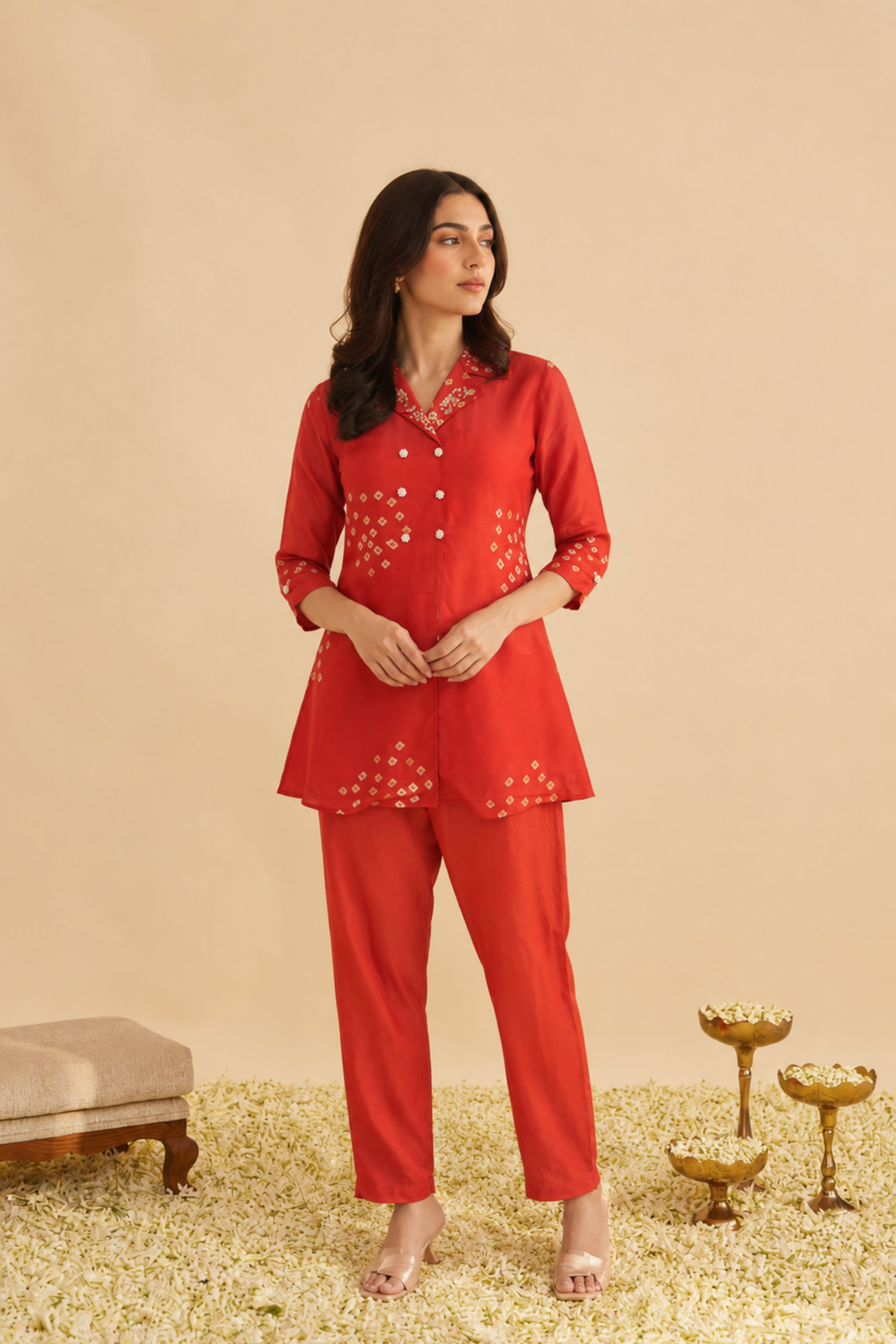 Orange Bandhej Ethereal Viscose Silk Coord Set
