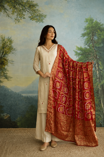 Red Bandhej Zari Bandh Tissue Silk Kurti And Palazo Suit Set