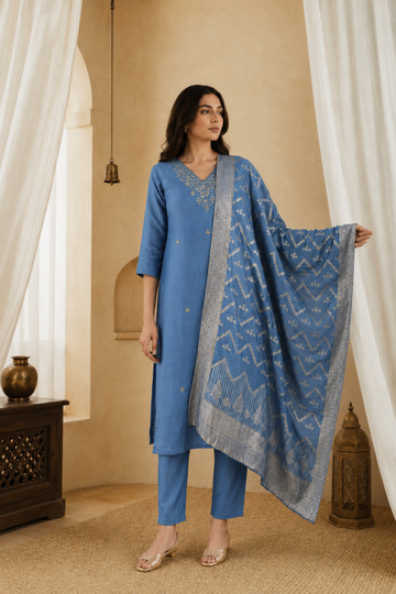 Blue Zari Silk Royale Suit Set